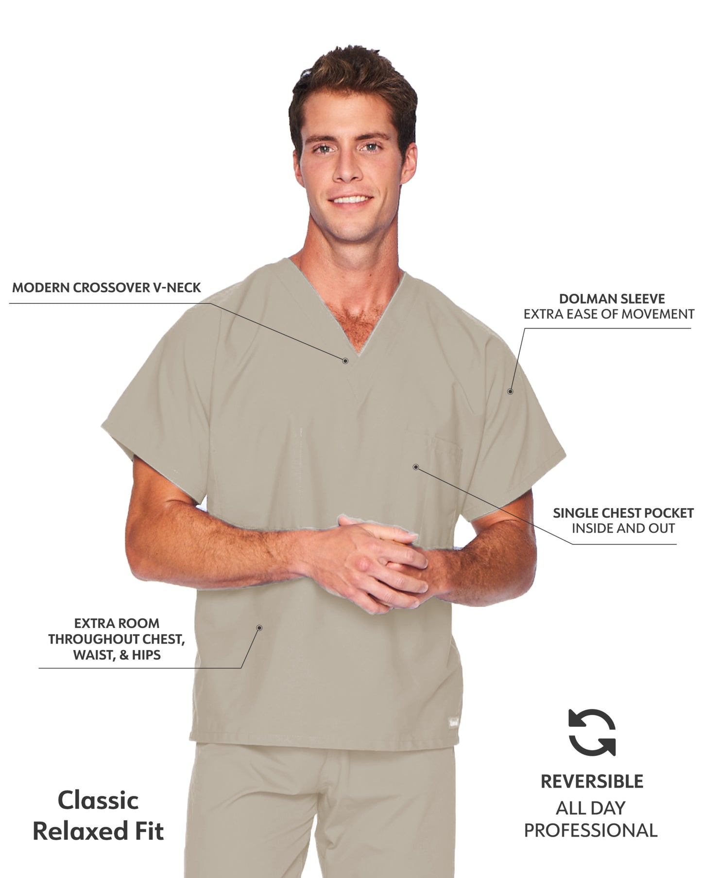 Unisex Reversible 1-Pocket V-Neck Scrub Top - 7502 - Sandstone