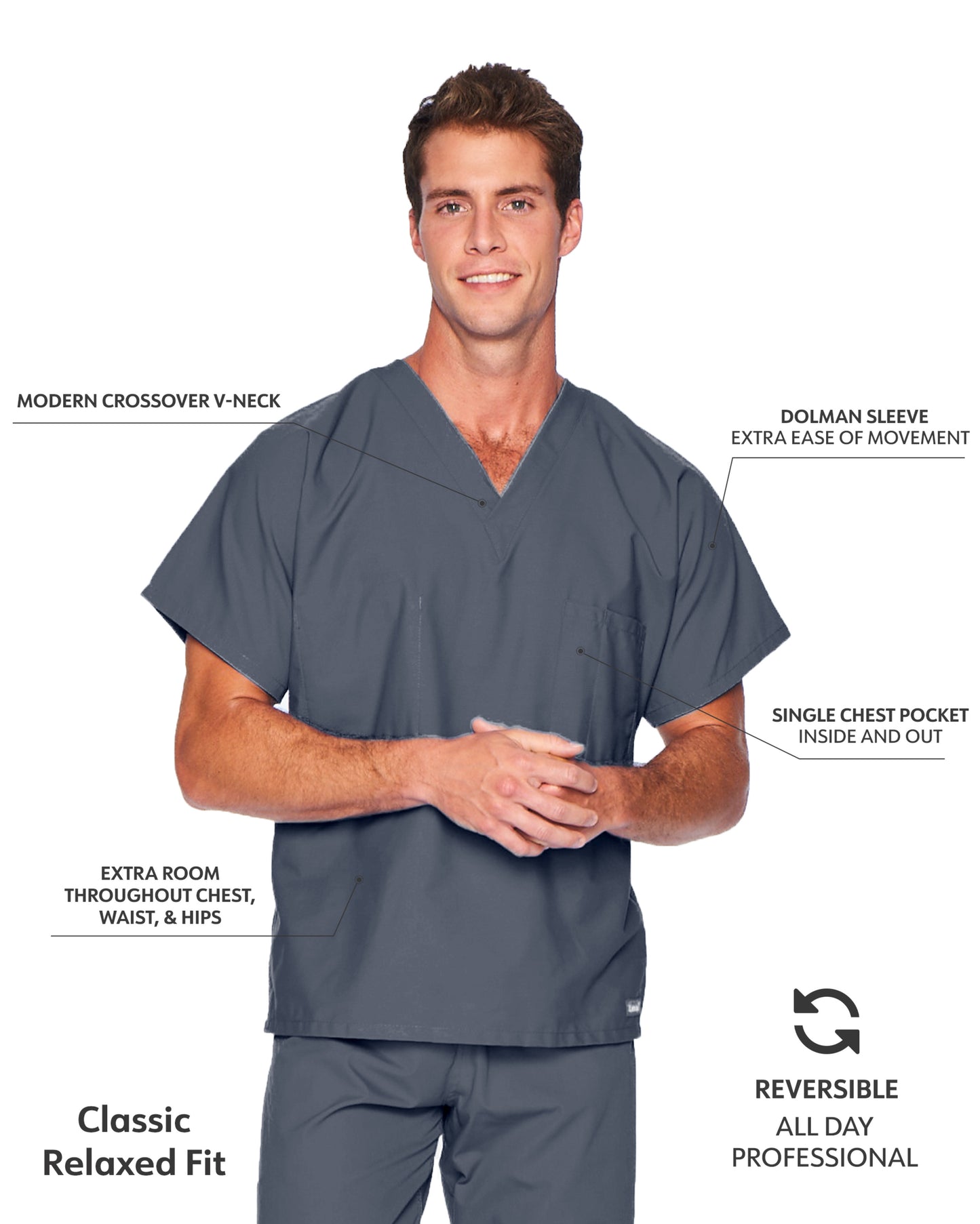 Unisex Reversible 1-Pocket V-Neck Scrub Top - 7502 - Steel Grey