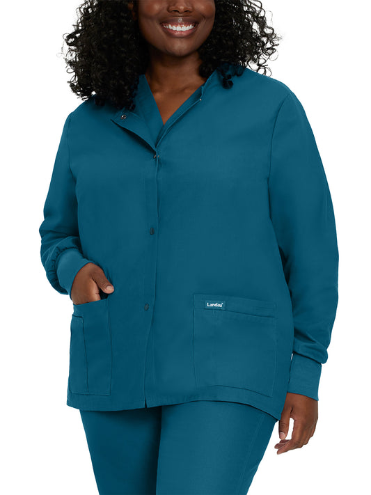 Women's 4-Pocket Crew Neck Warm-Up Scrub Jacket - 7525 - Caribbean Blue