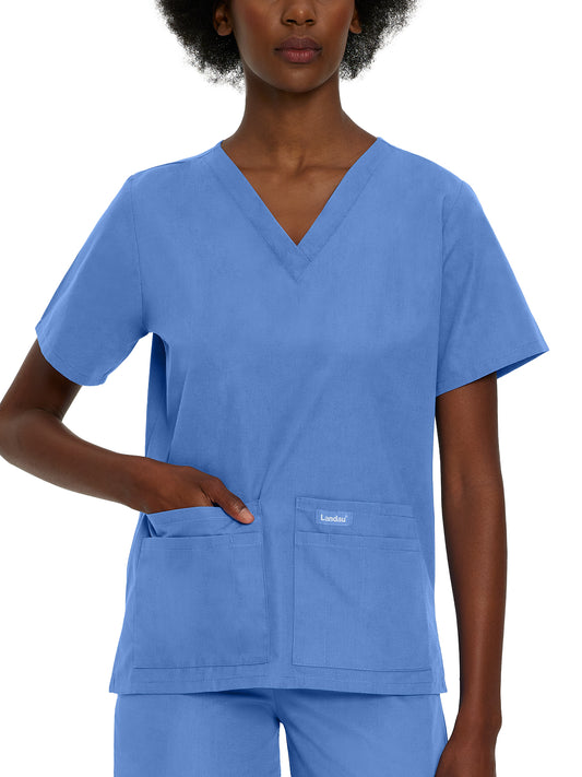 Women's Four-Pocket Durable V-Neck Top - 8219 - Ceil Blue