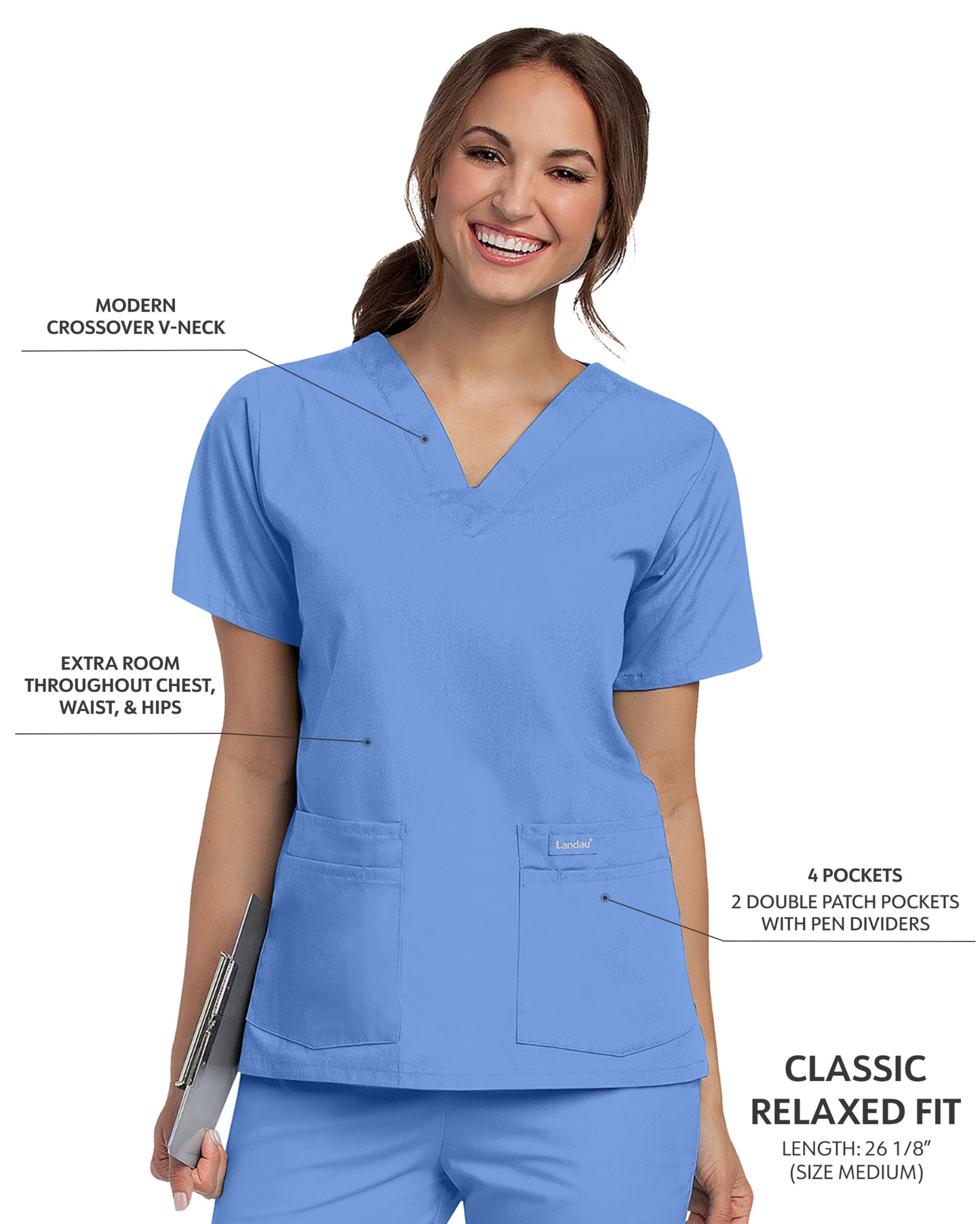 Women's 4-Pocket Durable V-Neck Scrub Top - 8219 - Ceil Blue