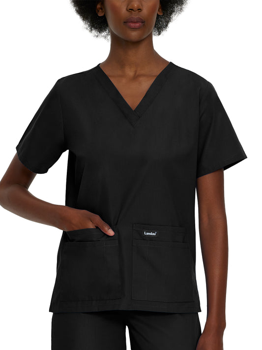Women's Four-Pocket Durable V-Neck Top - 8219 - Black