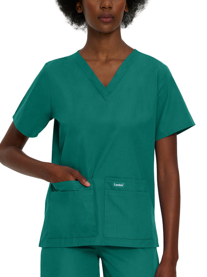 Women's Four-Pocket Durable V-Neck Top - 8219 - Hunter Green