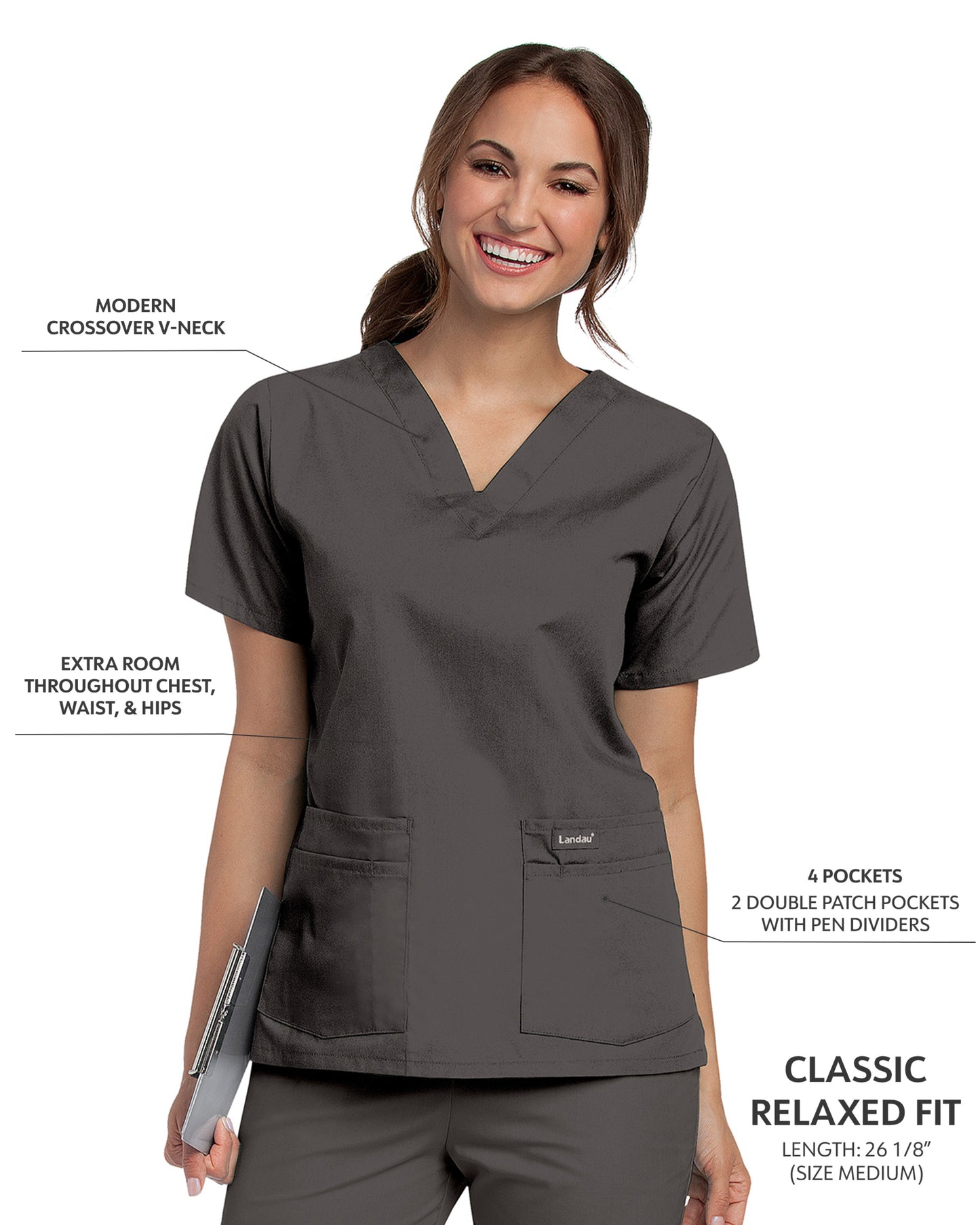 Women's 4-Pocket Durable V-Neck Scrub Top - 8219 - Graphite