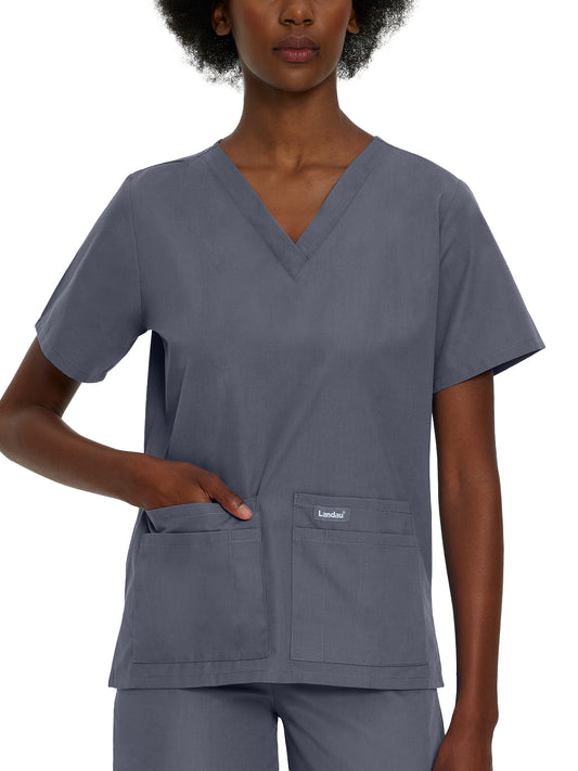 Women's Four-Pocket Durable V-Neck Top - 8219 - Steel Grey