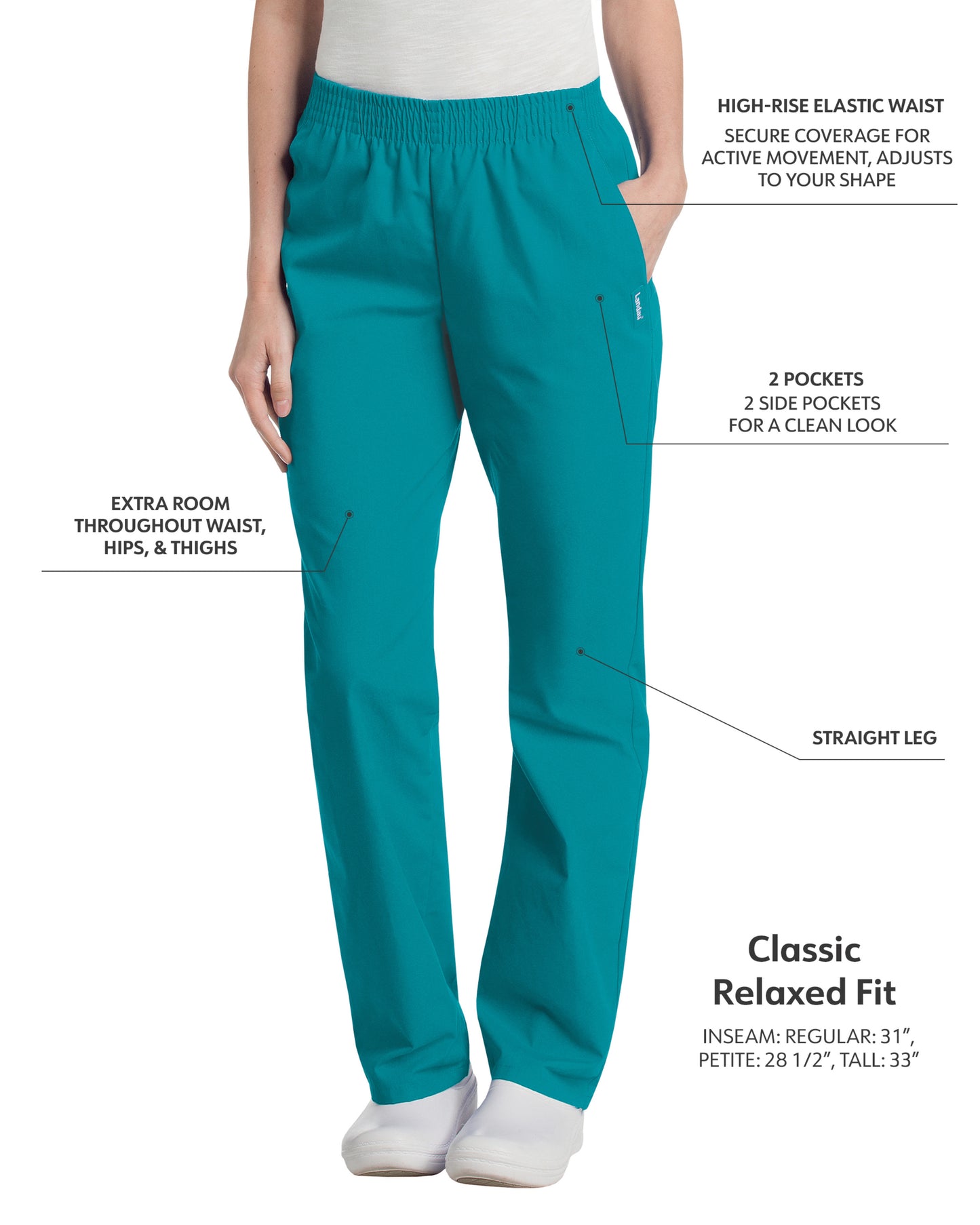 Women's 2-Pocket High-Rise Elastic Waist Straight Leg Scrub Pant - 8327 - Teal