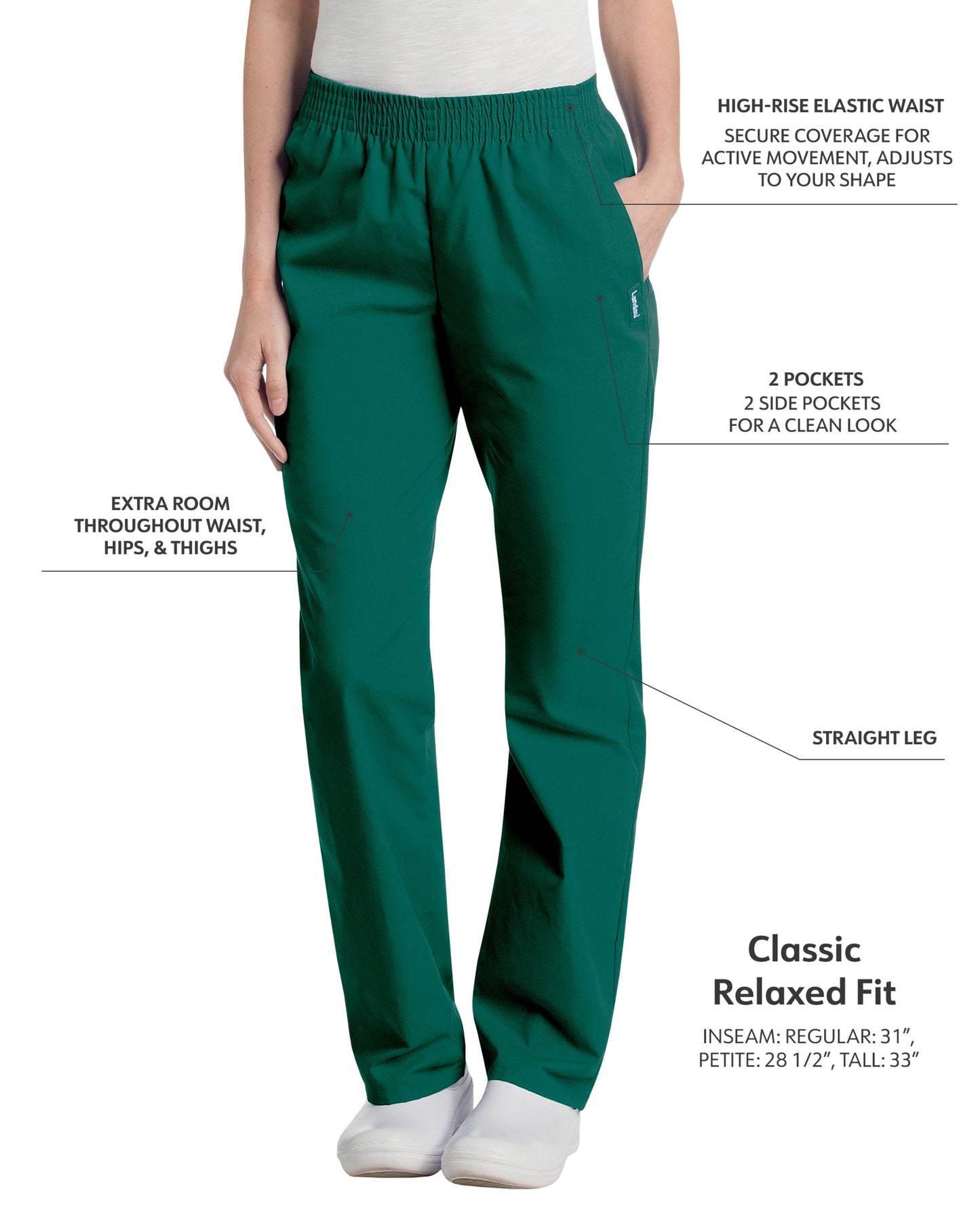 Women's 2-Pocket High-Rise Elastic Waist Straight Leg Scrub Pant - 8327 - Hunter Green