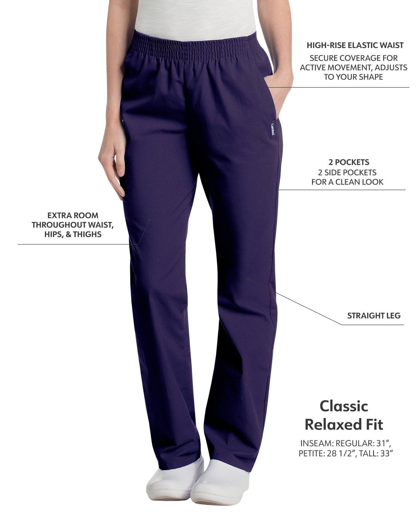 Women's 2-Pocket High-Rise Elastic Waist Straight Leg Scrub Pant - 8327 - Grape