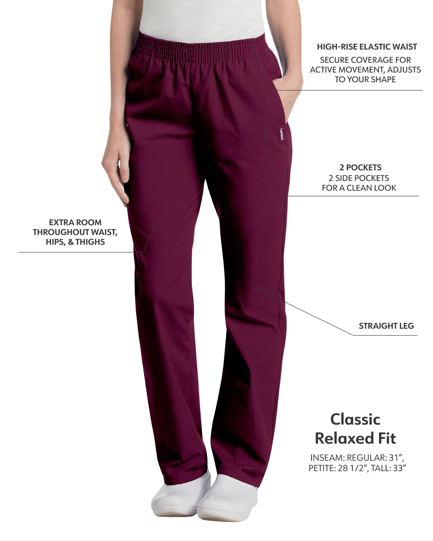 Women's 2-Pocket High-Rise Elastic Waist Straight Leg Scrub Pant - 8327 - Wine