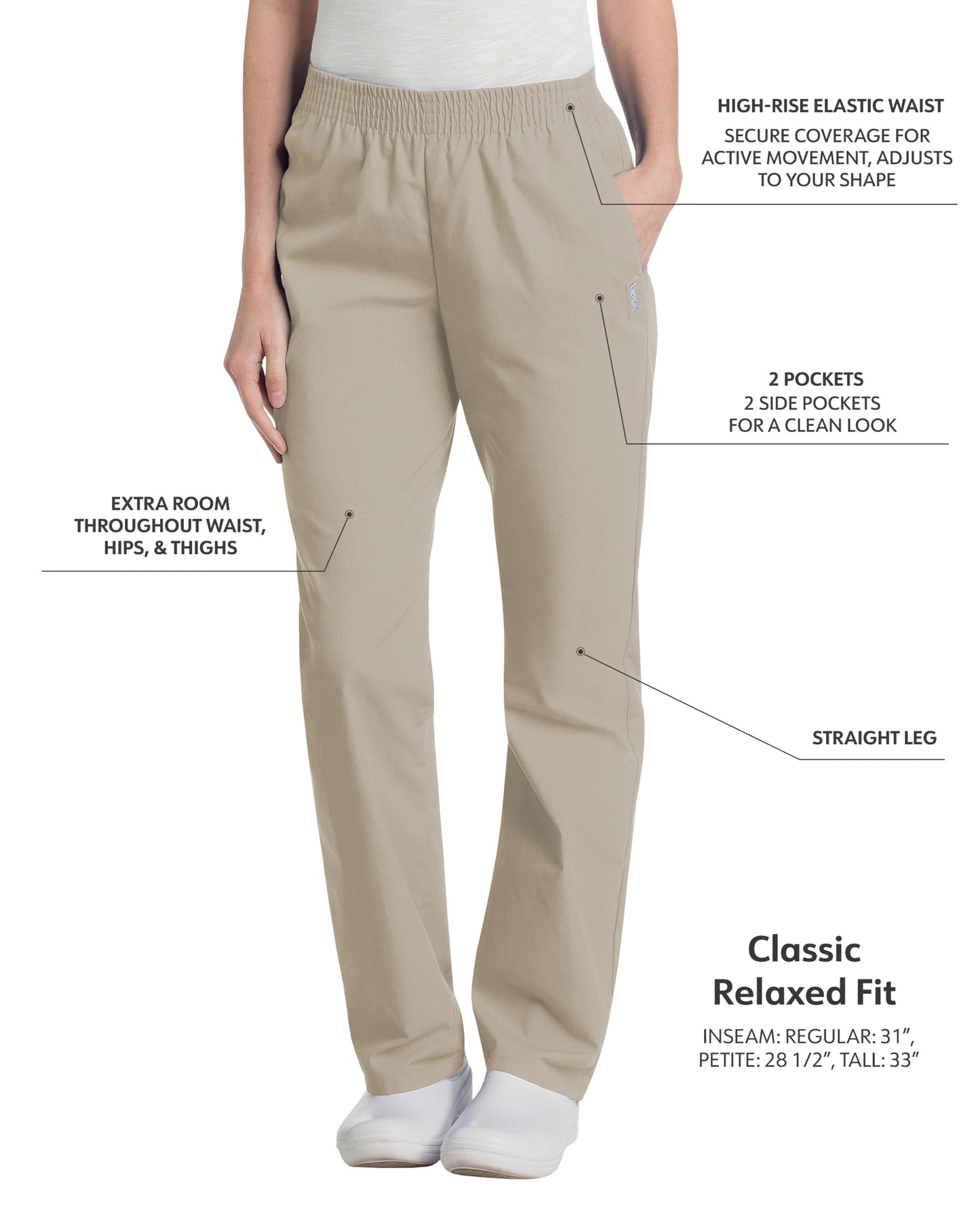 Women's 2-Pocket High-Rise Elastic Waist Straight Leg Scrub Pant - 8327 - Sandstone