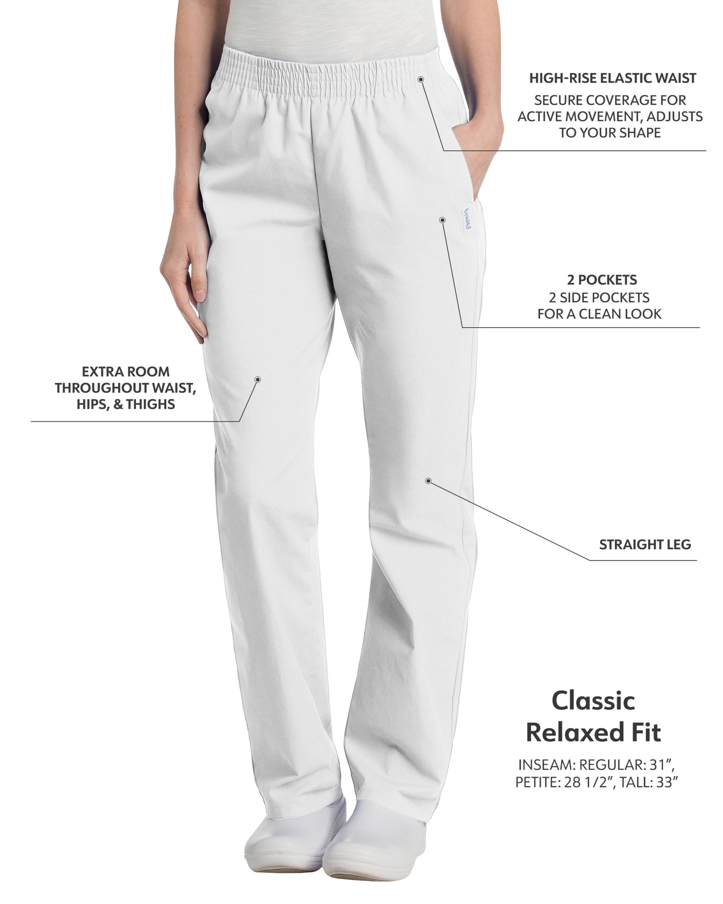 Women's 2-Pocket High-Rise Elastic Waist Straight Leg Scrub Pant - 8327 - White