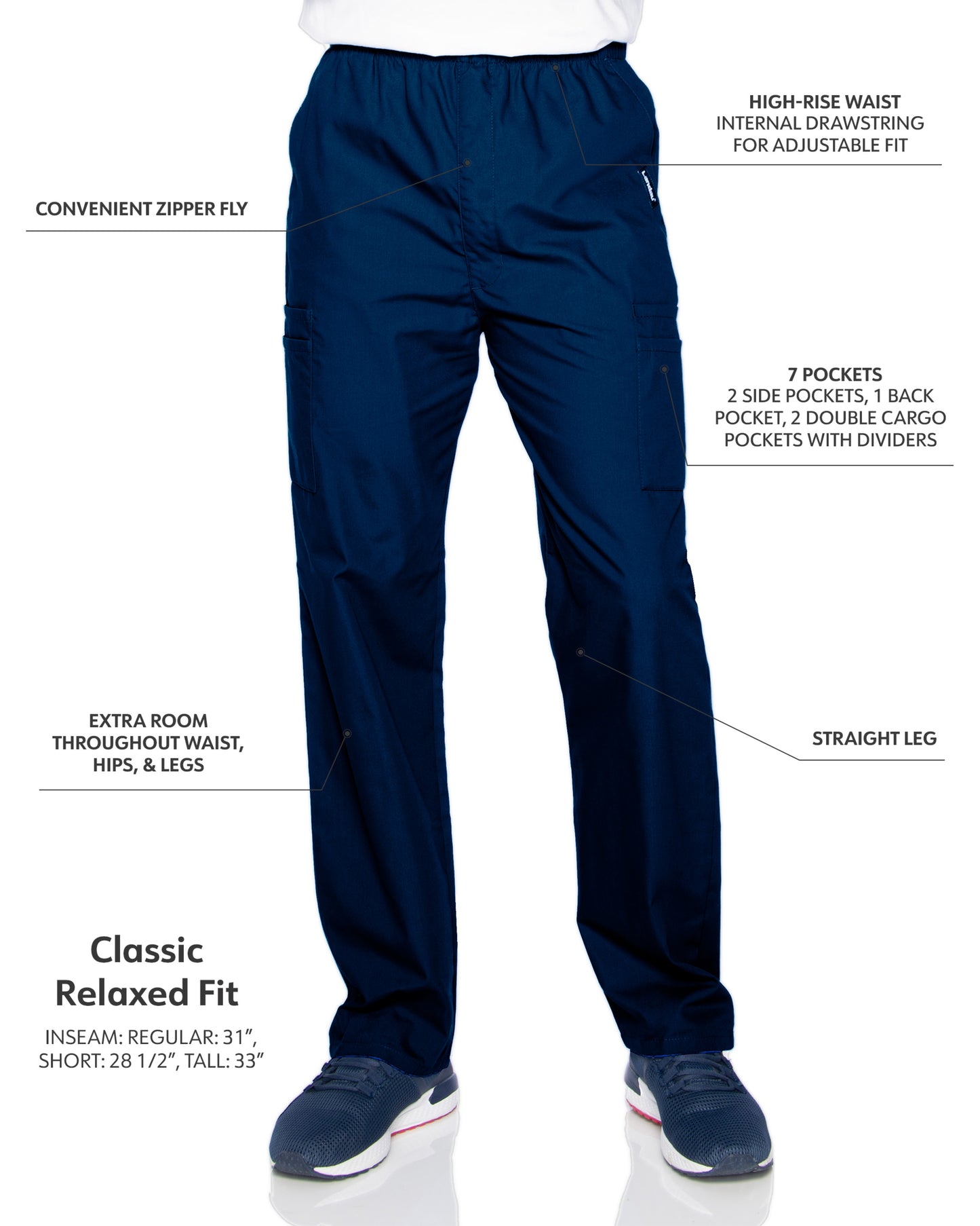 Men's 7-Pocket High-Rise Elastic Waist Cargo Scrub Pant - 8555 - Navy