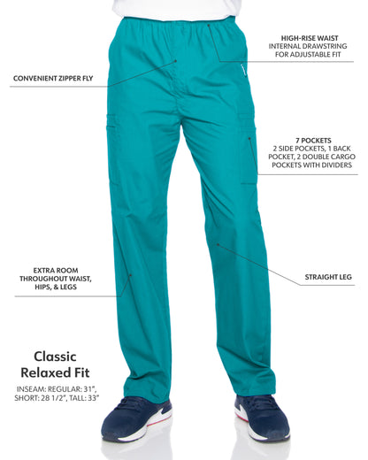 Men's 7-Pocket High-Rise Elastic Waist Cargo Scrub Pant - 8555 - Teal