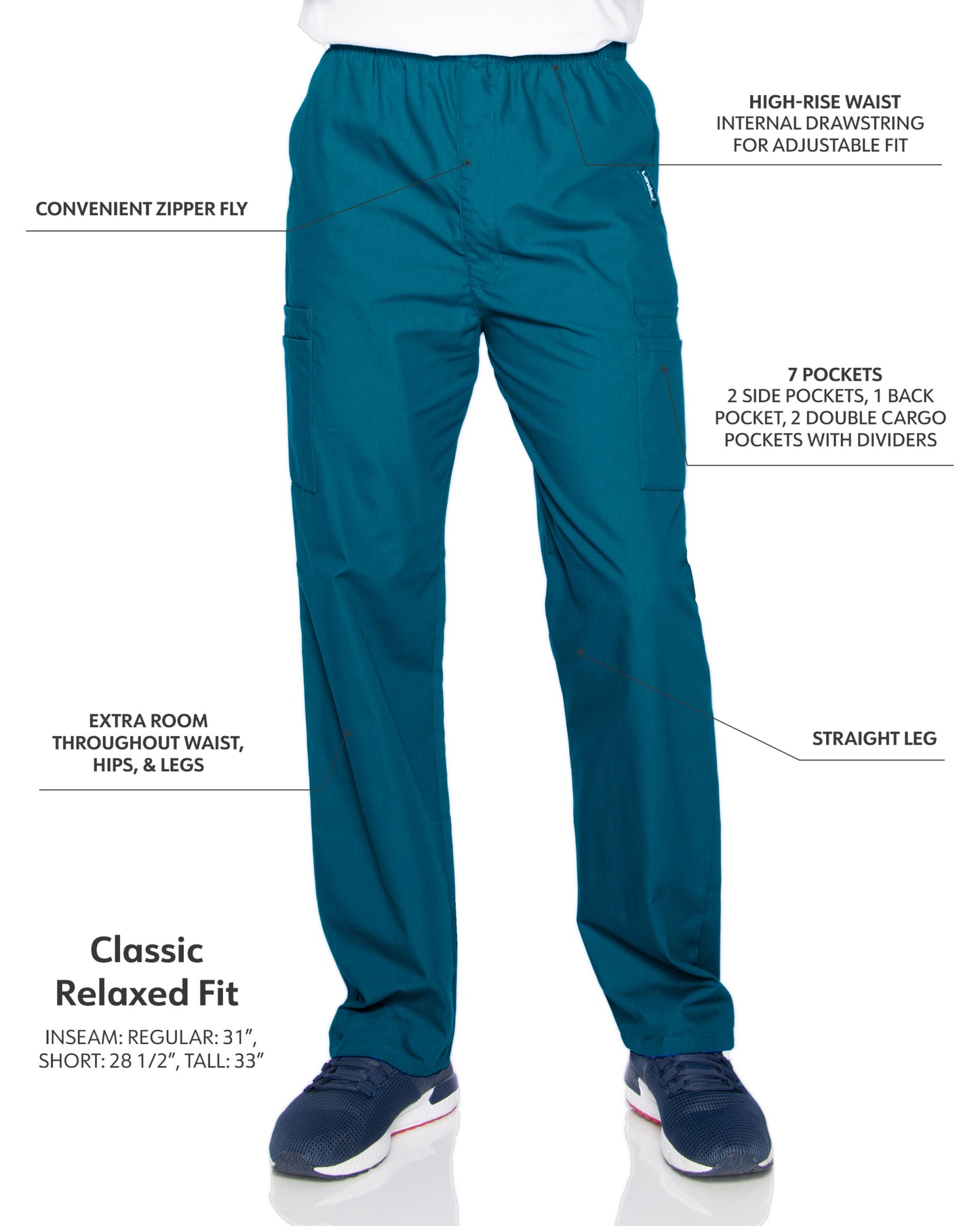 Men's 7-Pocket High-Rise Elastic Waist Cargo Scrub Pant - 8555 - Caribbean Blue