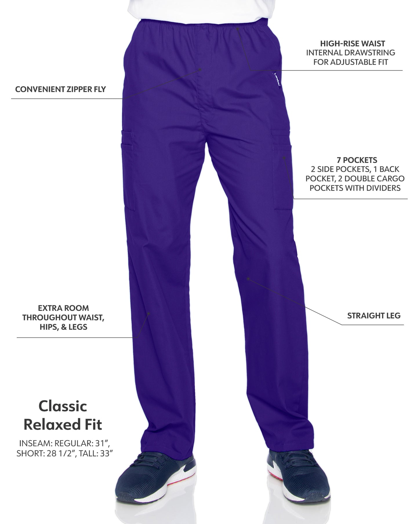 Men's 7-Pocket High-Rise Elastic Waist Cargo Scrub Pant - 8555 - Grape