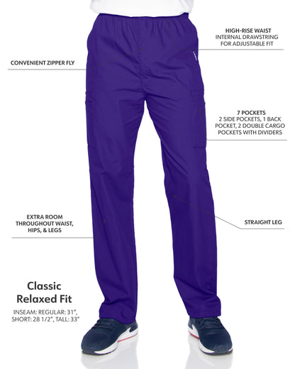 Men's 7-Pocket High-Rise Elastic Waist Cargo Scrub Pant - 8555 - Grape