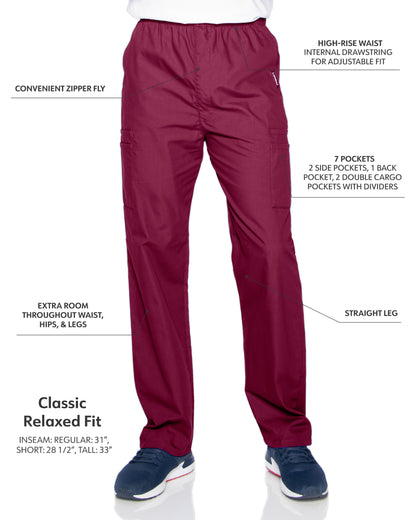 Men's 7-Pocket High-Rise Elastic Waist Cargo Scrub Pant - 8555 - Wine