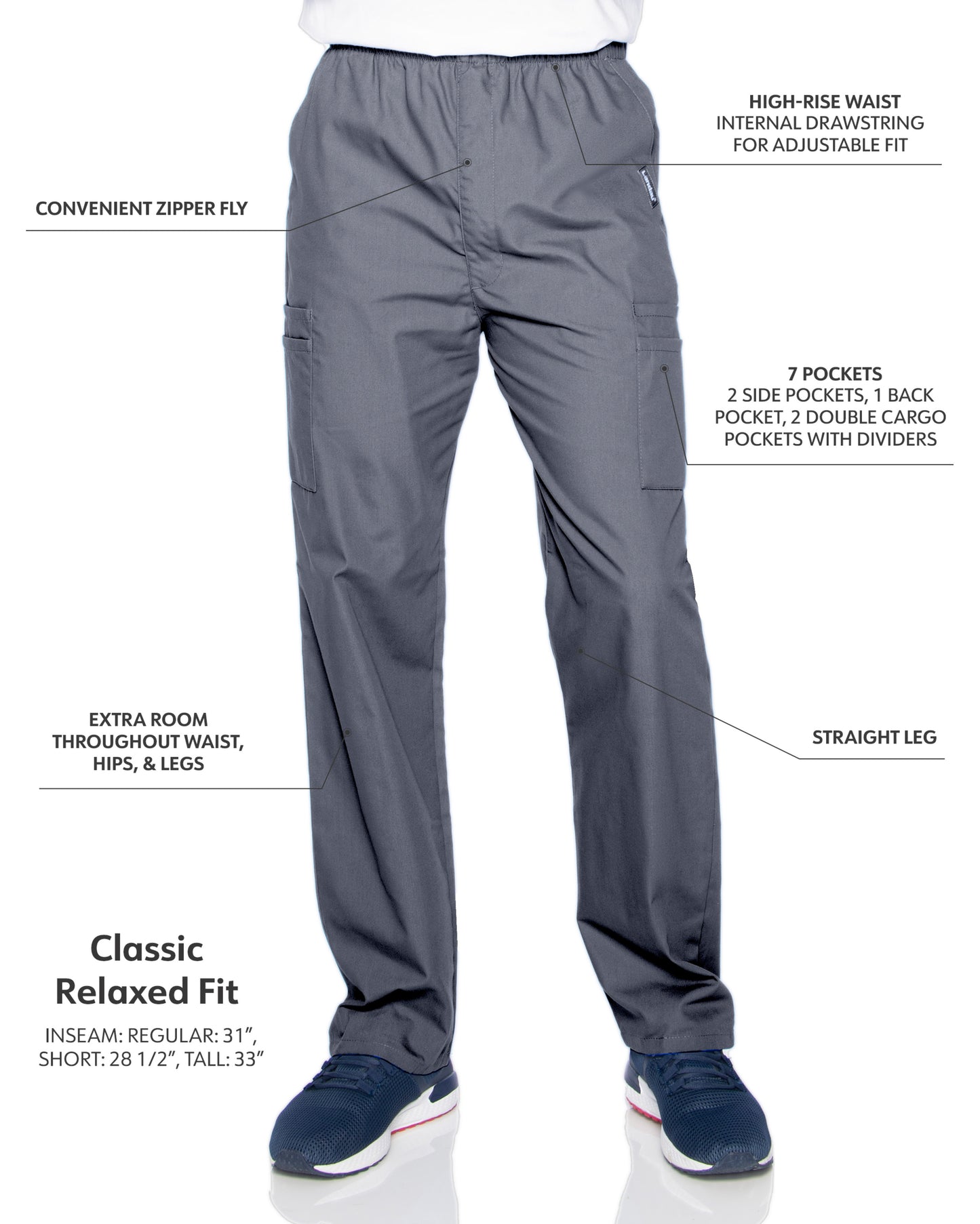 Men's 7-Pocket High-Rise Elastic Waist Cargo Scrub Pant - 8555 - Steel Grey