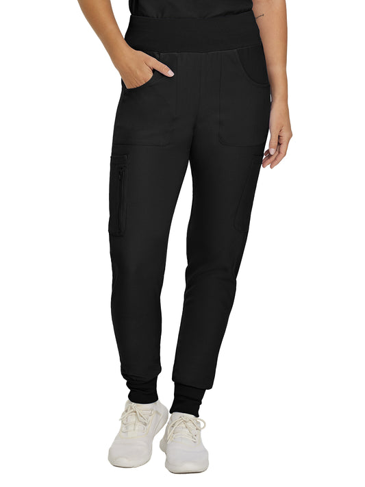 Women's 7-Pocket Mid-Rise Rib-Knit Elastic Waist Cargo Pant - LB401 - Black