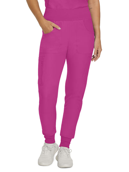 Women's 7-Pocket Mid-Rise Rib-Knit Elastic Waist Cargo Scrub Pant - LB401 - ROSE VIOLET