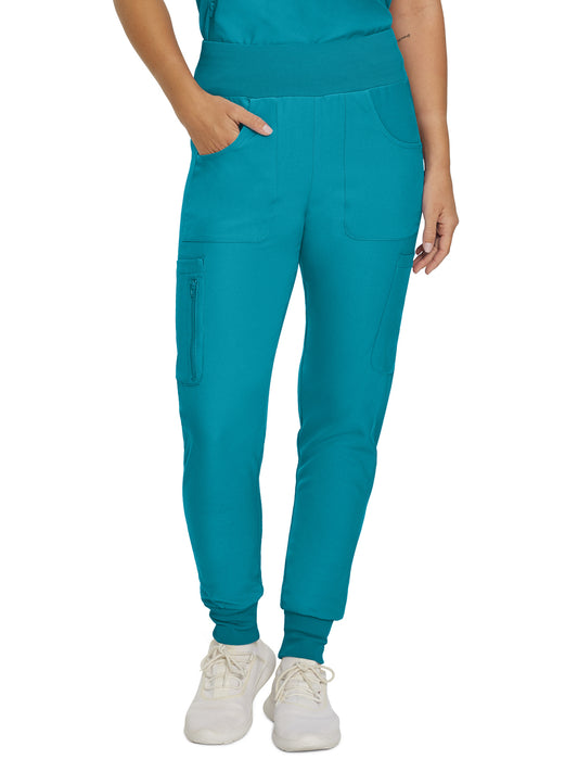 Women's 7-Pocket Mid-Rise Rib-Knit Elastic Waist Cargo Scrub Pant - LB401 - Teal