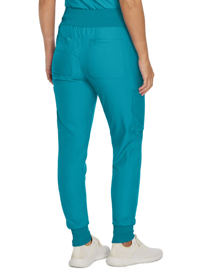 Women's 7-Pocket Mid-Rise Rib-Knit Elastic Waist Cargo Scrub Pant - LB401 - Teal