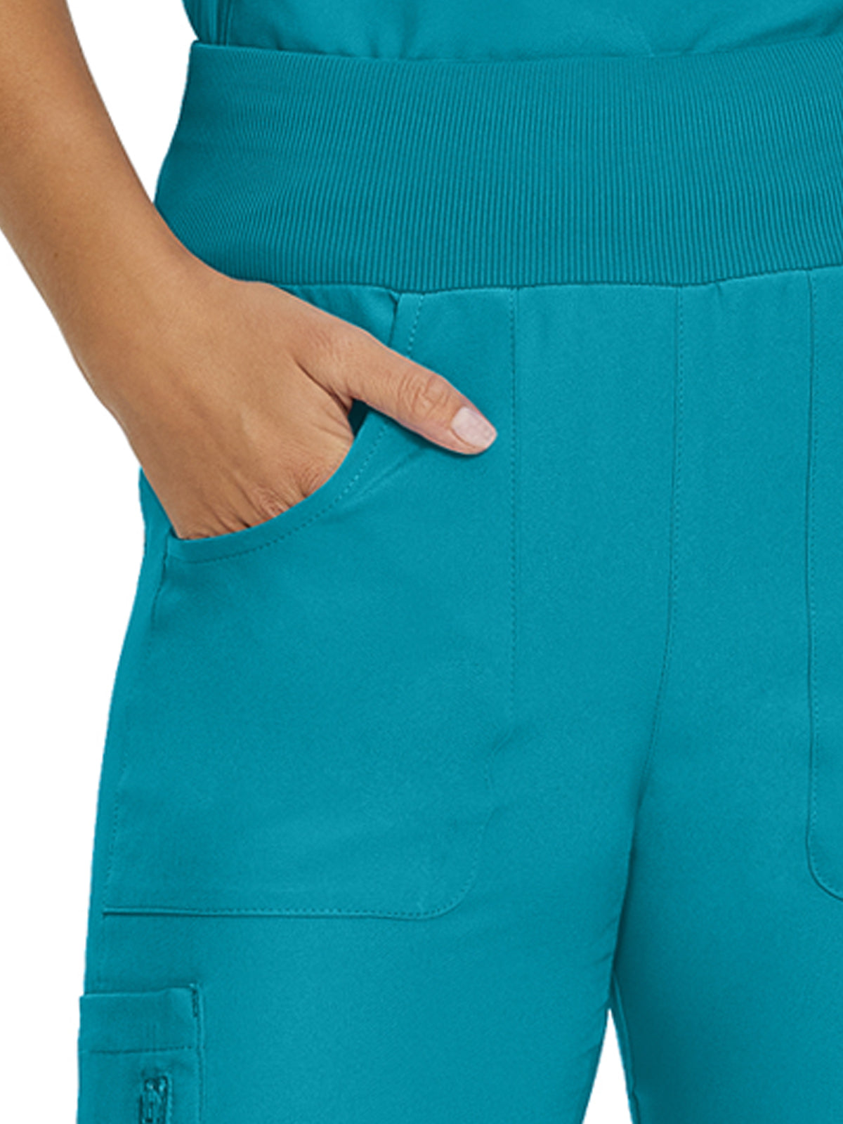 Women's 7-Pocket Mid-Rise Rib-Knit Elastic Waist Cargo Scrub Pant - LB401 - Teal