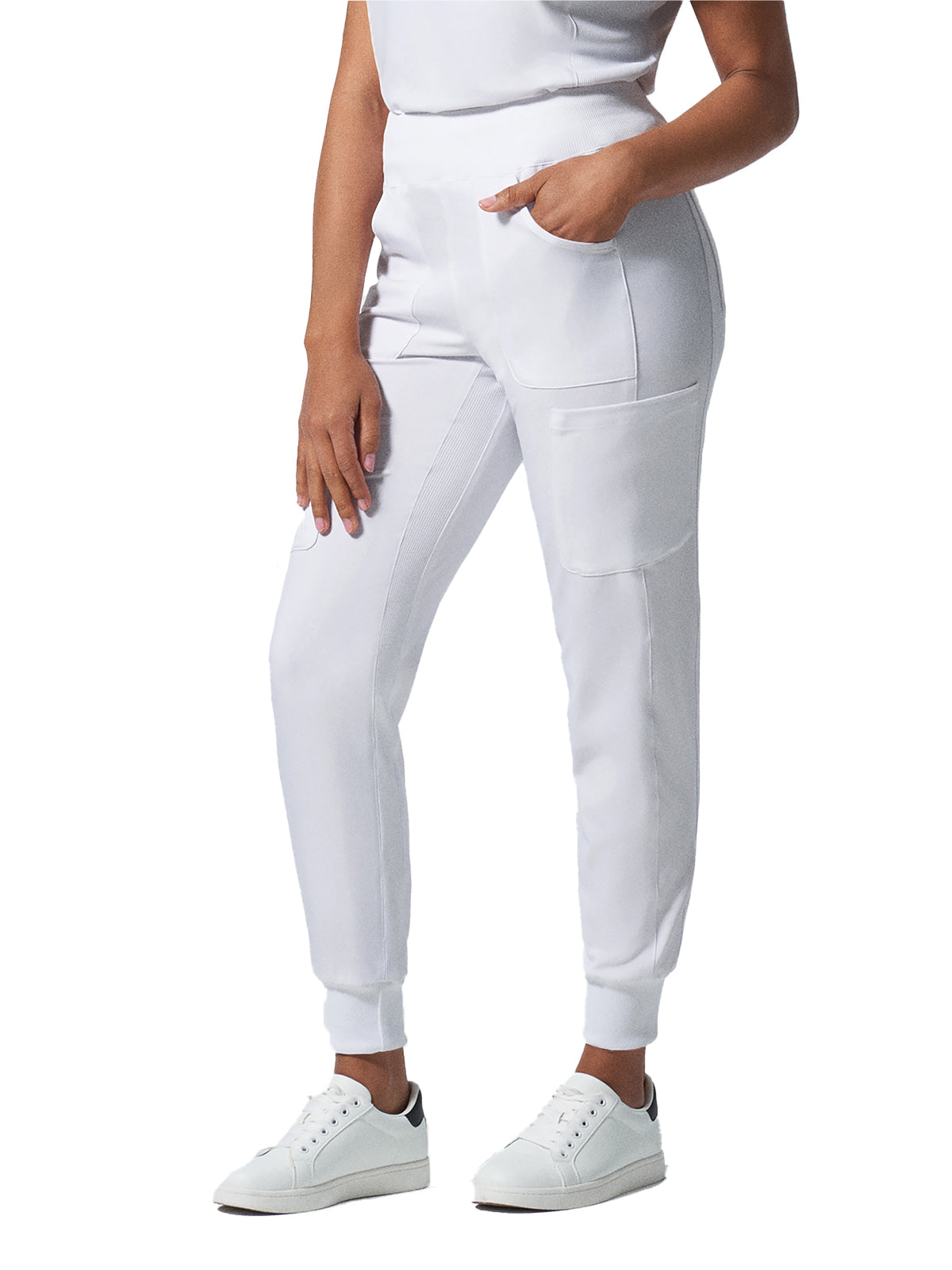 Women's Seven-Pocket Mid-Rise Rib-Knit Elastic Waist Jogger Pant - LB401 - White
