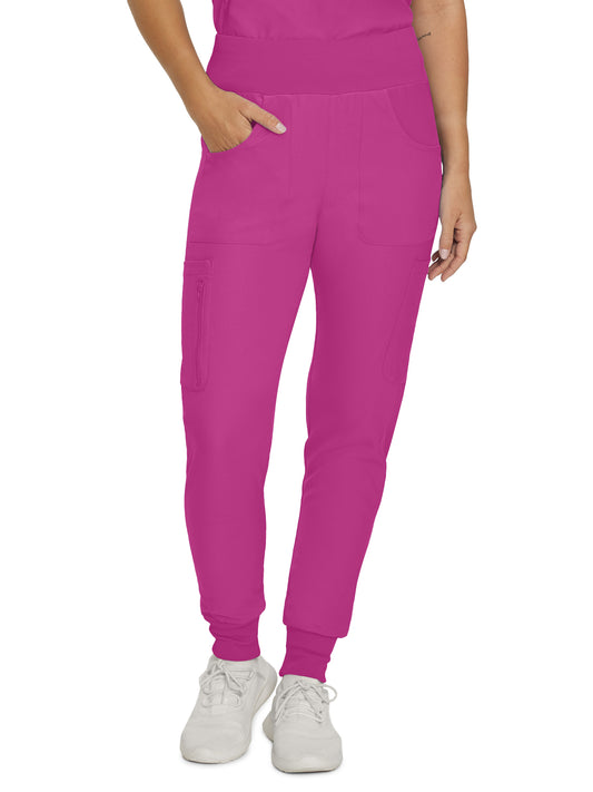 Women's 7-Pocket Mid-Rise Rib-Knit Elastic Waist Cargo Scrub Pant - LB401P - ROSE VIOLET