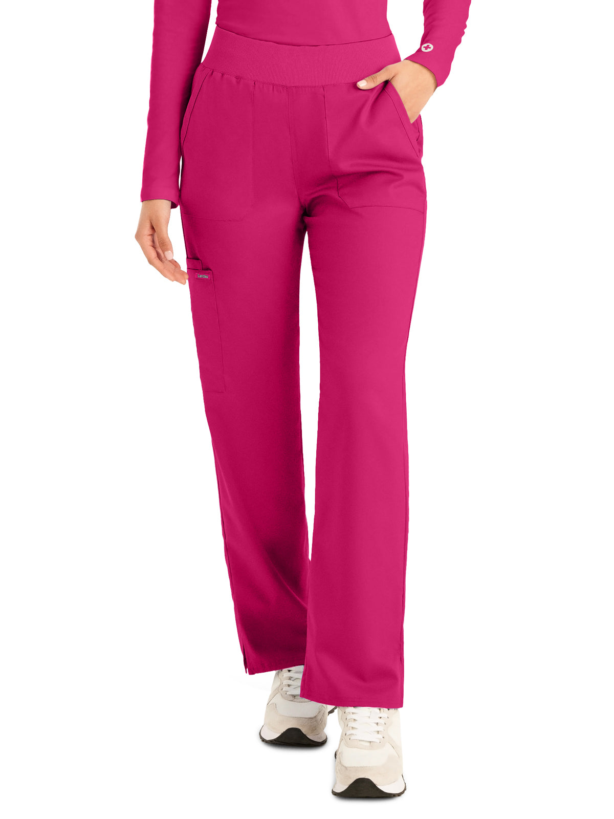 Women's 5-Pocket Mid-Rise Rib-Knit Elastic Waist Straight Leg Scrub Pant - LB405 - Bright Rose