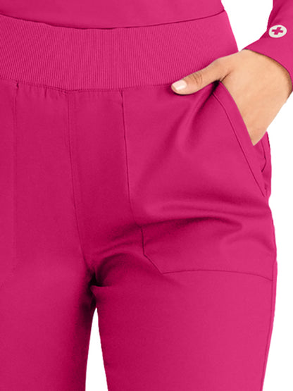 Women's 5-Pocket Mid-Rise Rib-Knit Elastic Waist Straight Leg Scrub Pant - LB405 - Bright Rose