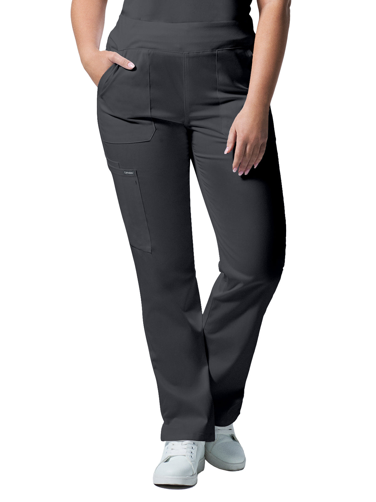 Women's Five-Pocket Mid-Rise Rib-Knit Elastic Waist Straight Leg Pant - LB405 - Graphite