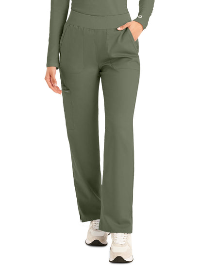 Women's Five-Pocket Mid-Rise Rib-Knit Elastic Waist Straight Leg Pant - LB405 - Olive Moss