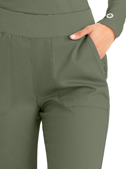 Women's 5-Pocket Mid-Rise Rib-Knit Elastic Waist Straight Leg Scrub Pant - LB405 - Olive Moss