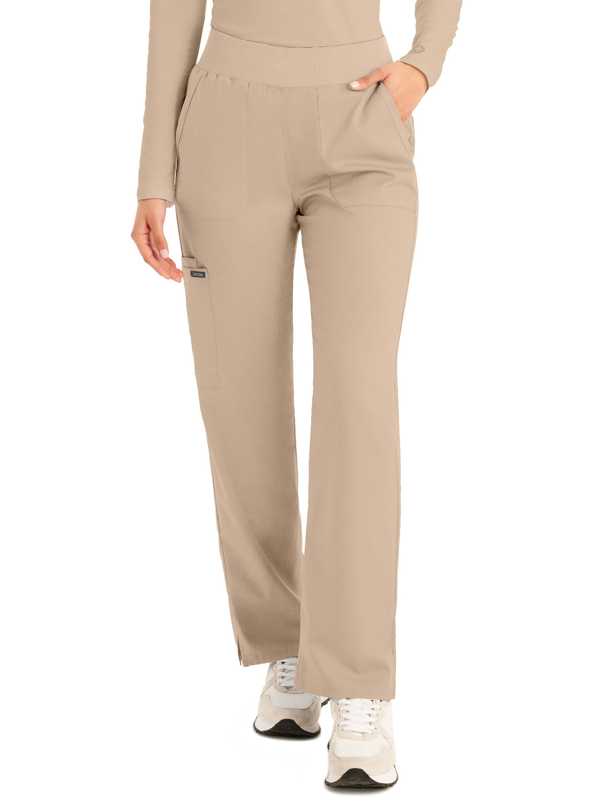 Women's Five-Pocket Mid-Rise Rib-Knit Elastic Waist Straight Leg Pant - LB405 - Sandstone