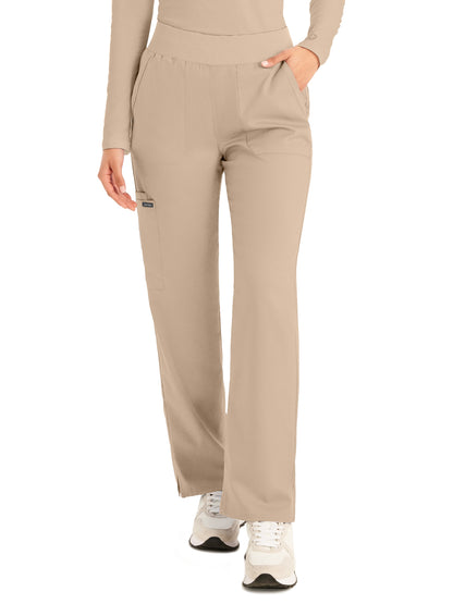 Women's Five-Pocket Mid-Rise Rib-Knit Elastic Waist Straight Leg Pant - LB405 - Sandstone