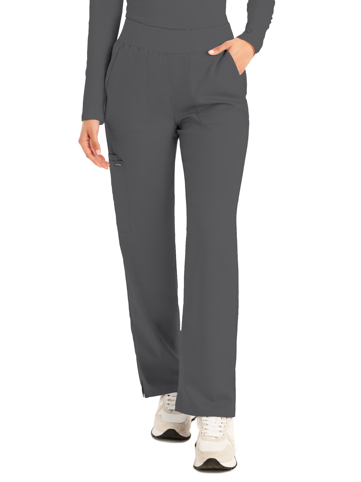 Women's Five-Pocket Mid-Rise Rib-Knit Elastic Waist Straight Leg Pant - LB405 - Steel