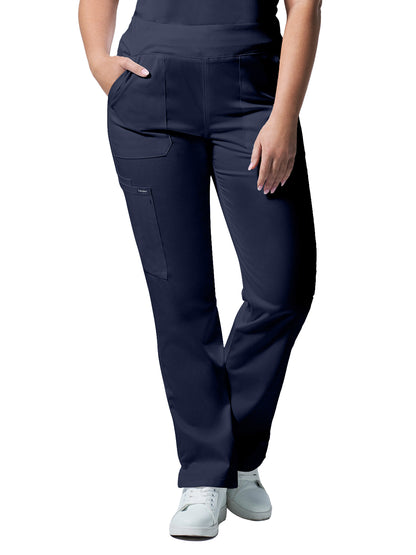 Women's Five-Pocket Mid-Rise Rib-Knit Elastic Waist Straight Leg Pant - LB405 - True Navy