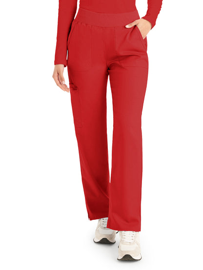 Women's Five-Pocket Mid-Rise Rib-Knit Elastic Waist Straight Leg Pant - LB405 - True Red