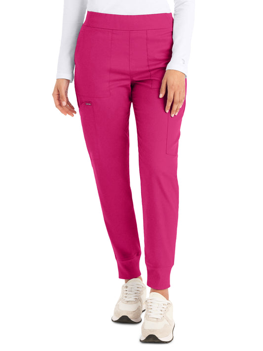 Women's 6-Pocket Mid-Rise Elastic-Back Waist Jogger Scrub Pant - LB406 - Bright Rose