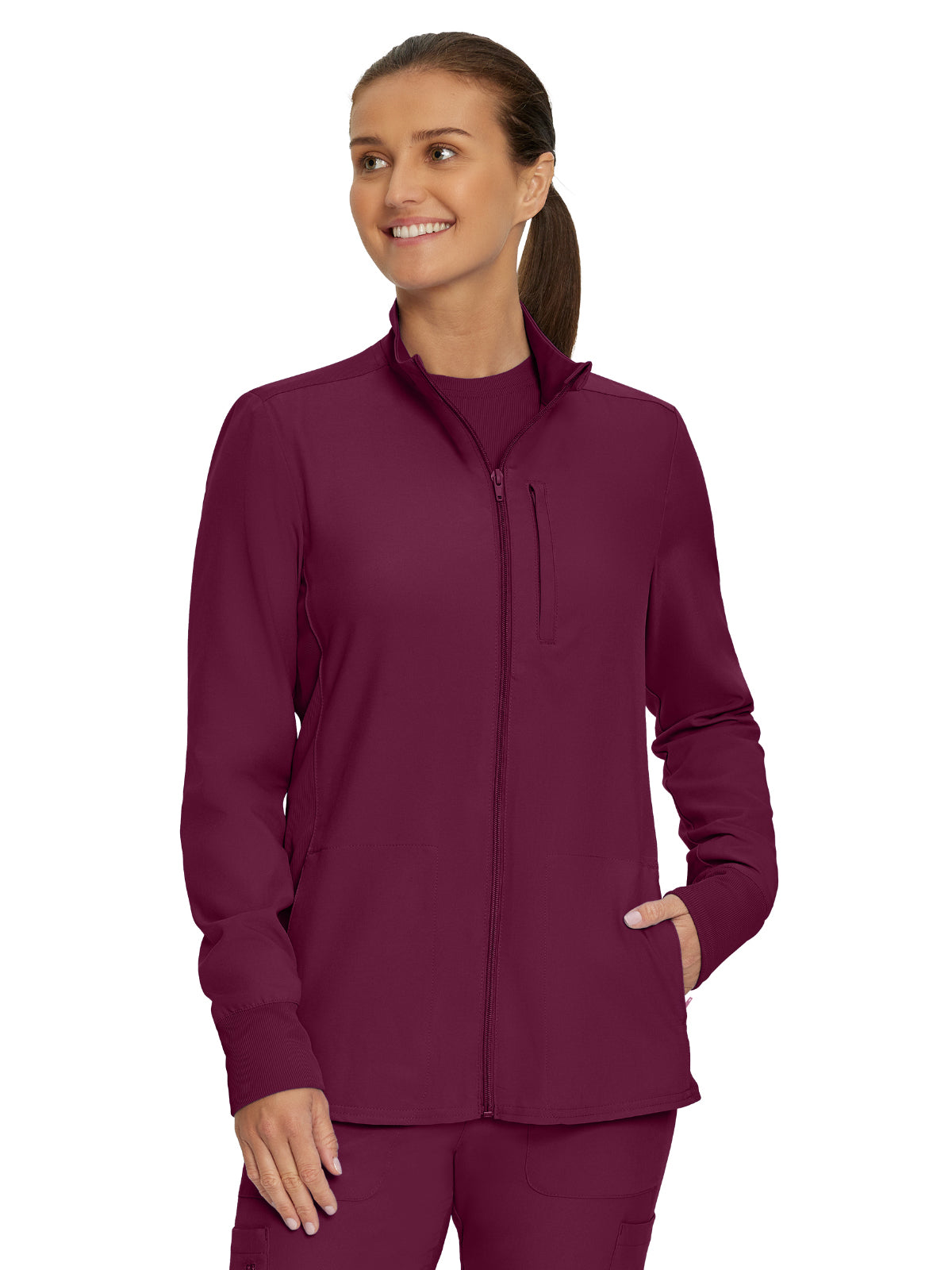 Women's 3-Pocket Mock-Neck Zip-Front Scrub Jacket - LJ700 - Wine