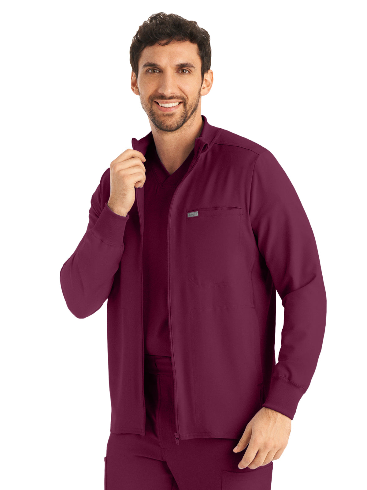 Men's 3-Pocket Mock-Neck Zip-Front Scrub Jacket - LJ703 - Wine