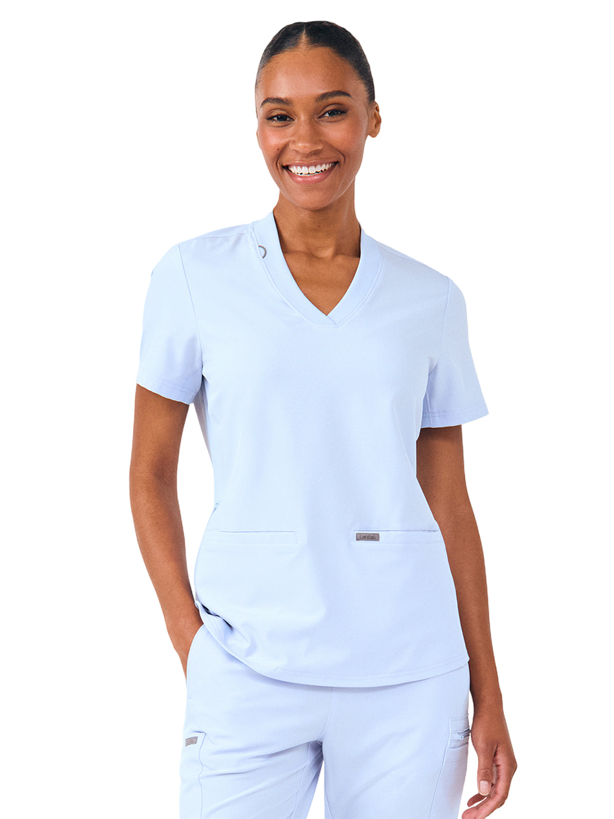 Women's Three-Pocket Rib-Knit Neckline V-Neck Top - LT100 - Ethereal Blue