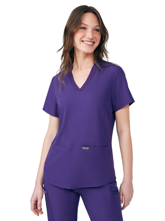 Women's 3-Pocket Rib-Knit Neckline V-Neck Top - LT100 - Grape