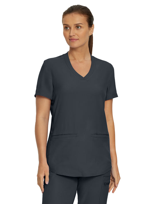 Women's Three-Pocket Rib-Knit Neckline V-Neck Top - LT100 - Pewter