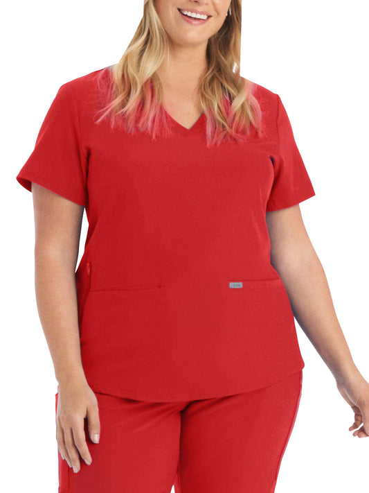 Women's Three-Pocket Rib-Knit Neckline V-Neck Top - LT100 - Red