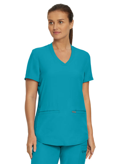 Women's 3-Pocket Rib-Knit Neckline V-Neck Scrub Top - LT100 - Teal