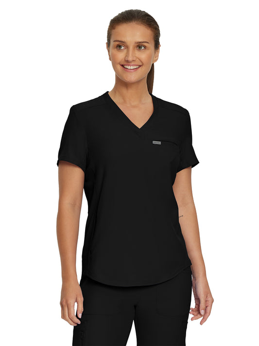 Women's 2-Pocket Shirttail Hemline V-Neck Top - LT101 - Black