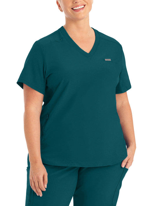 Women's Two-Pocket Shirttail Hemline V-Neck Top - LT101 - Caribbean