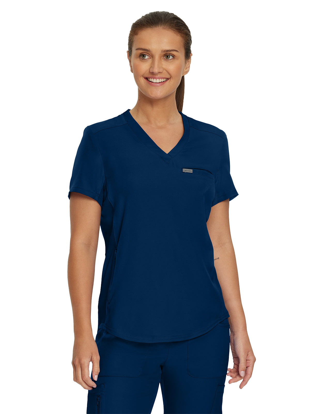 Women's 2-Pocket Shirttail Hemline V-Neck Top - LT101 - Navy